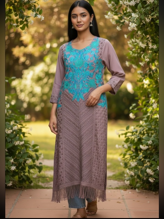 Handmade Dresses & Skirts - Handmade Indian Kurta Brown and Turquoise Green Embroidered